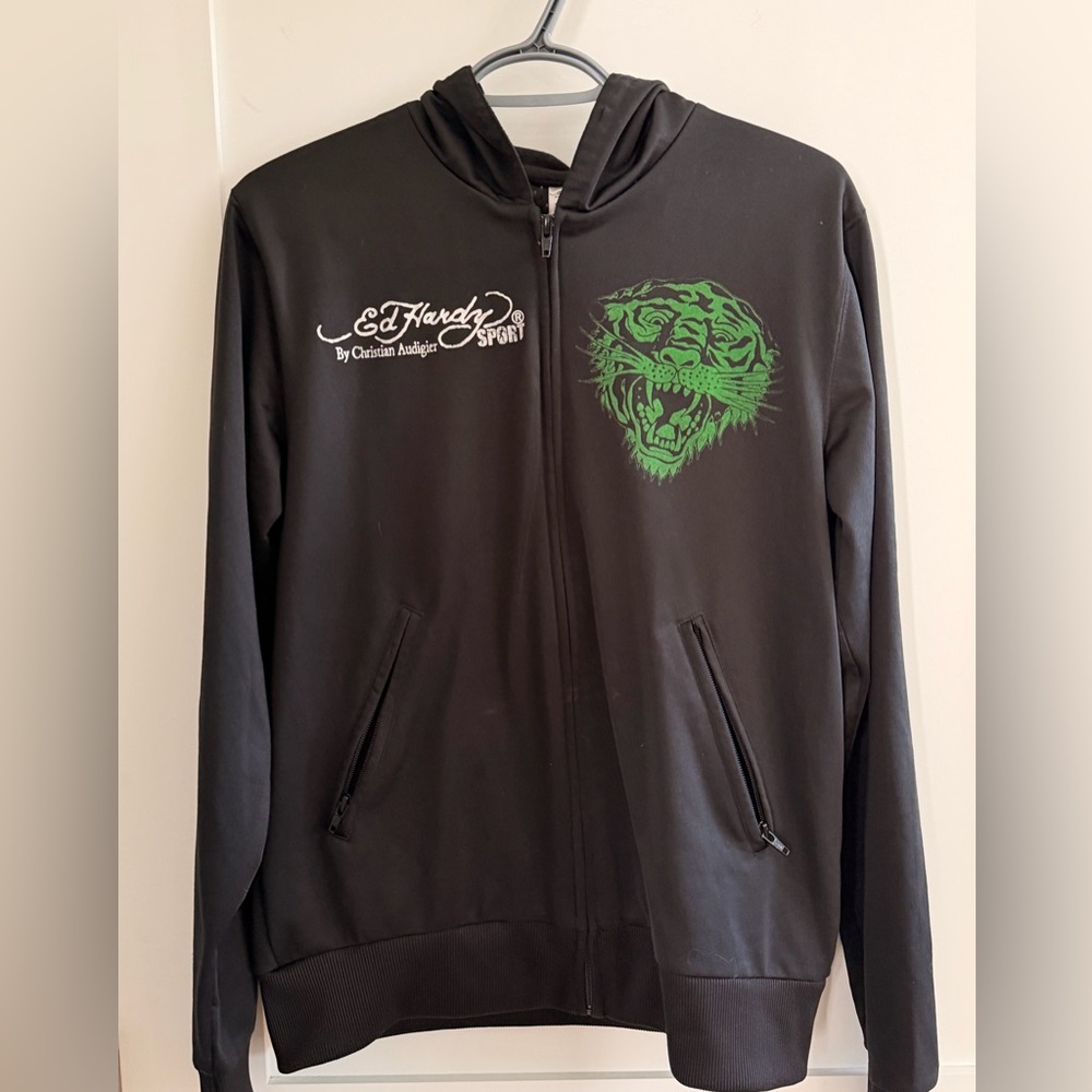 Christian Audigier Black Hoodie Jacket with Green Graphic